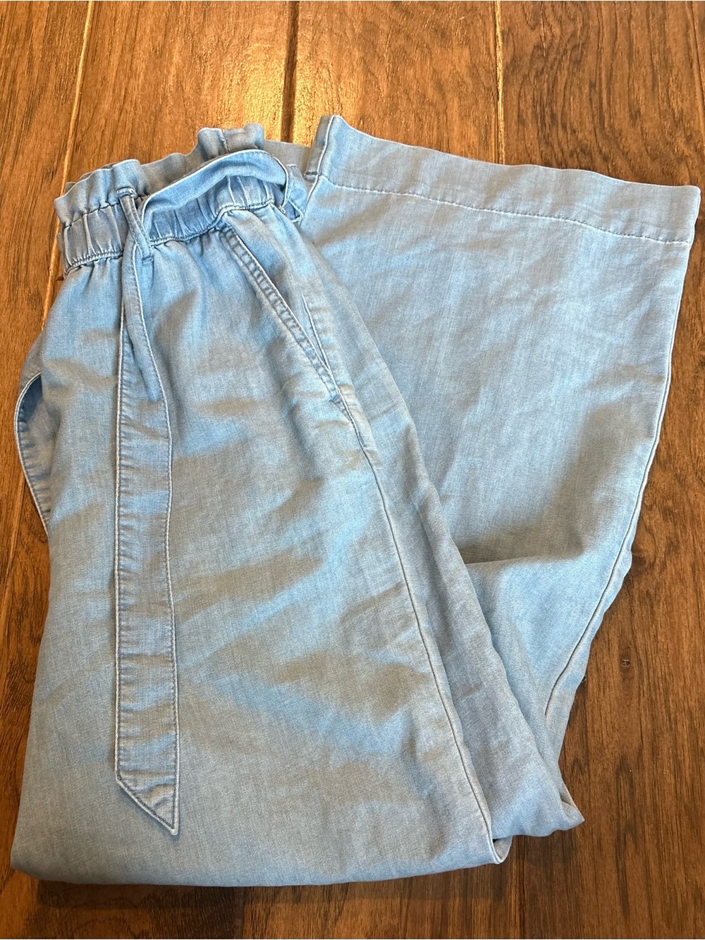 Relaxed Light Blue Wide-Leg Drawstring paperbag Pants